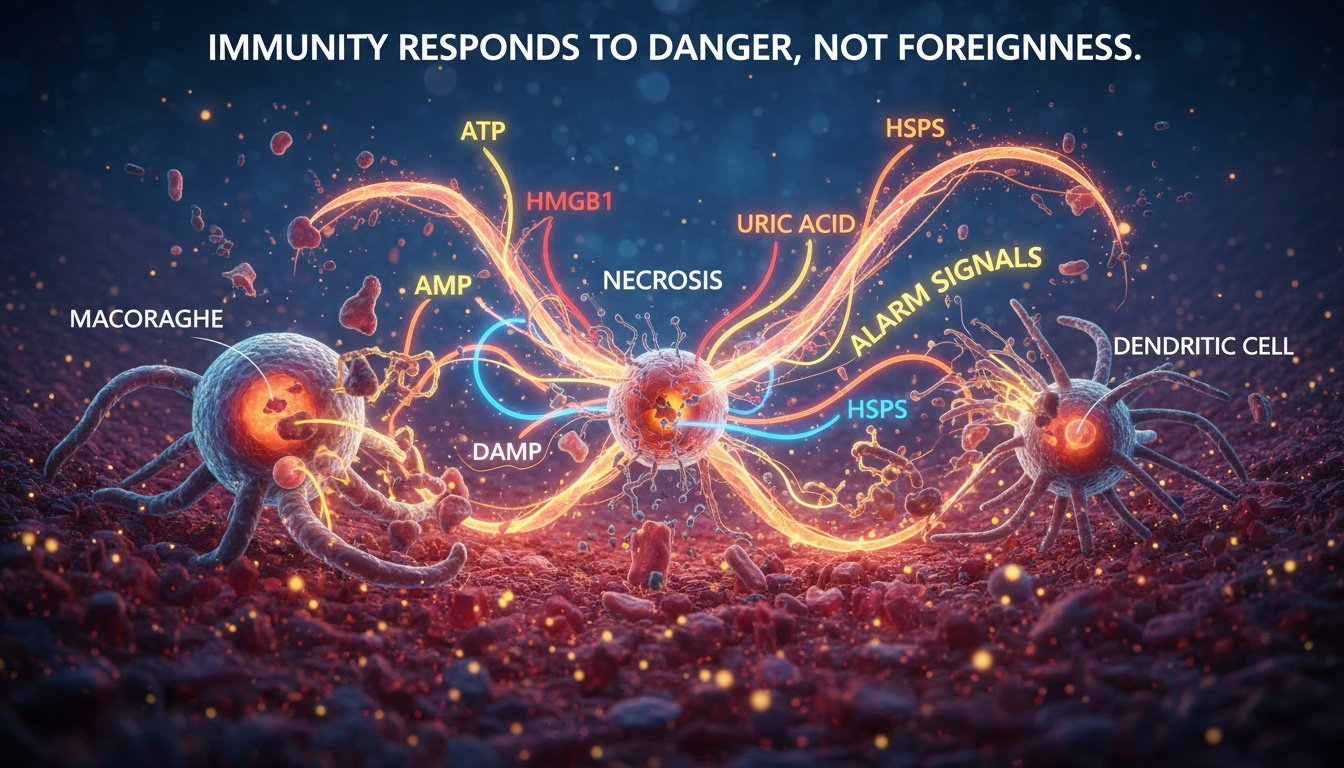 Visual representation of Danger Theory showing immunity responding to danger signals rather than foreignness