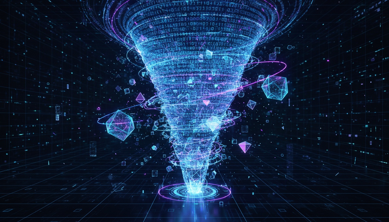 Digital tornado with blue and purple binary code in cyberpunk style