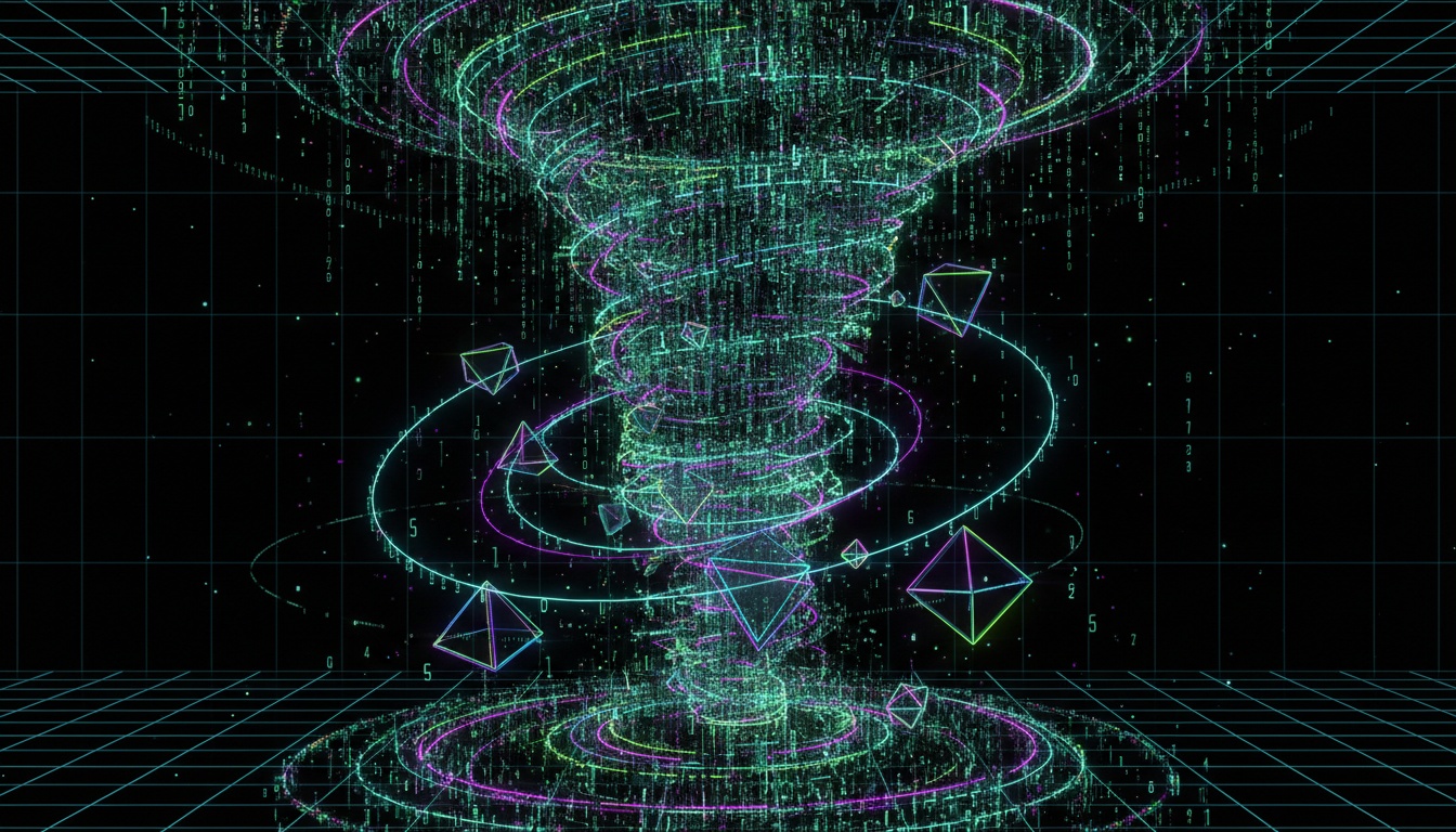 Green and purple matrix-style digital tornado