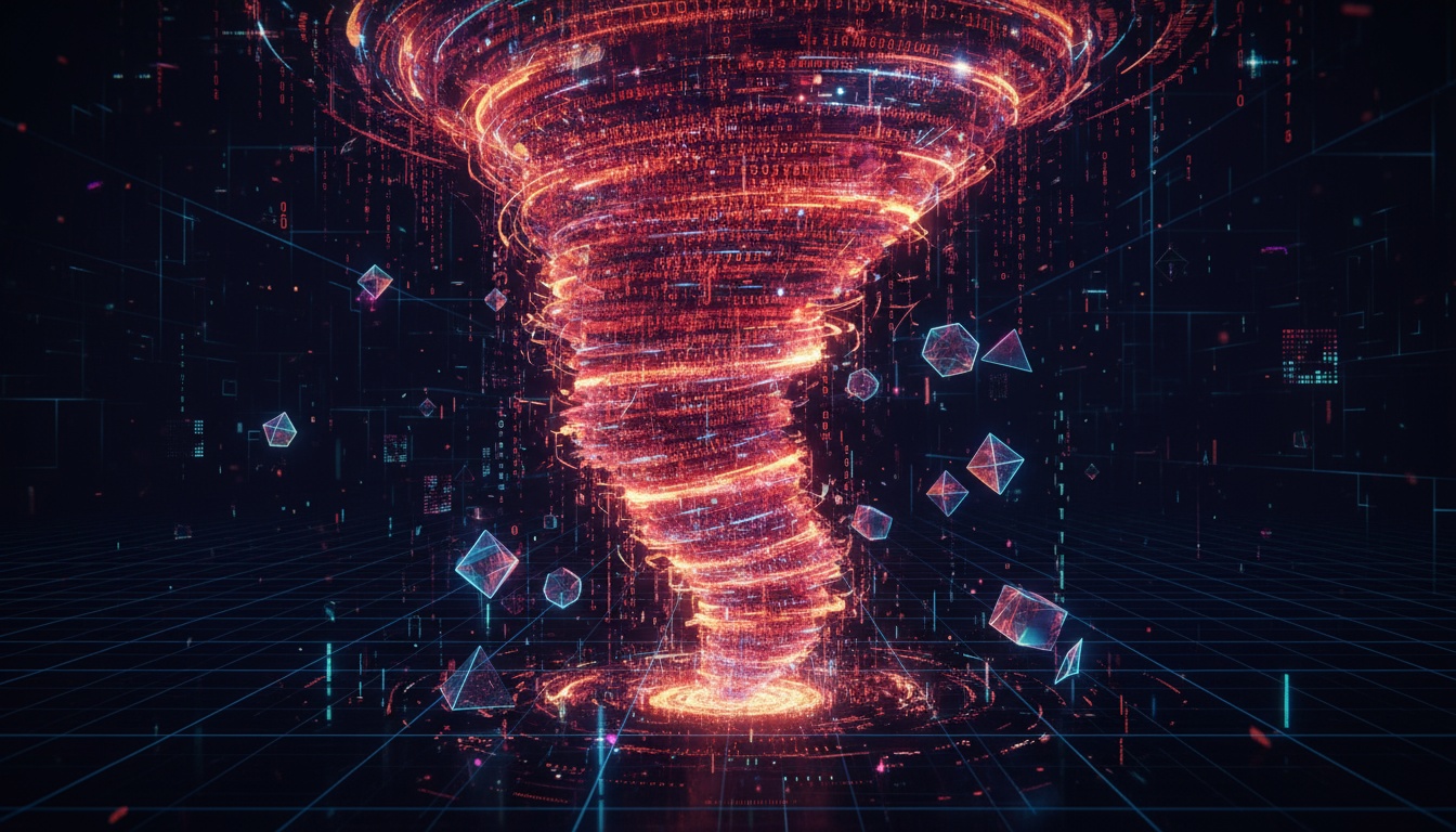 Fiery red and orange digital tornado with binary code