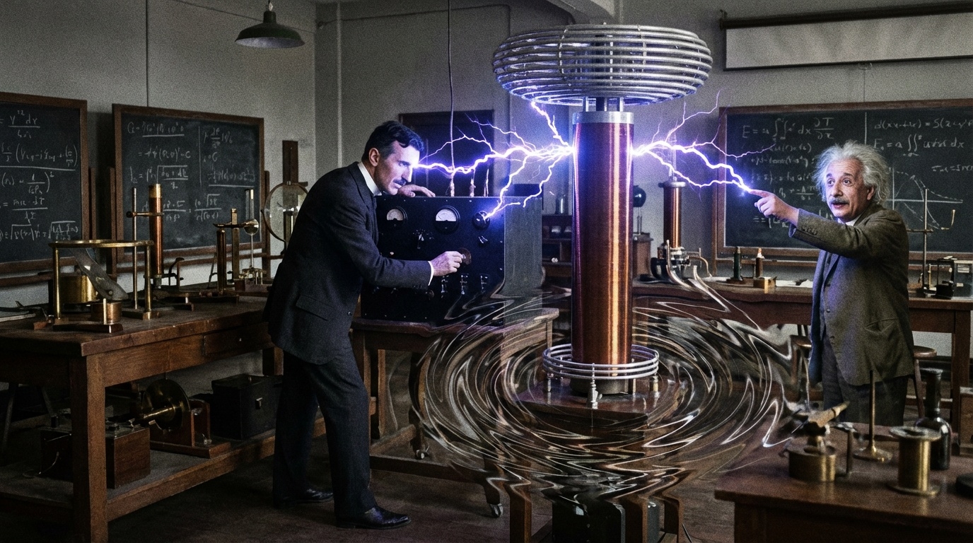 Einstein and Tesla in the 1935 Copenhagen Laboratory observing spacetime curvature effects from the Tesla coil experiment